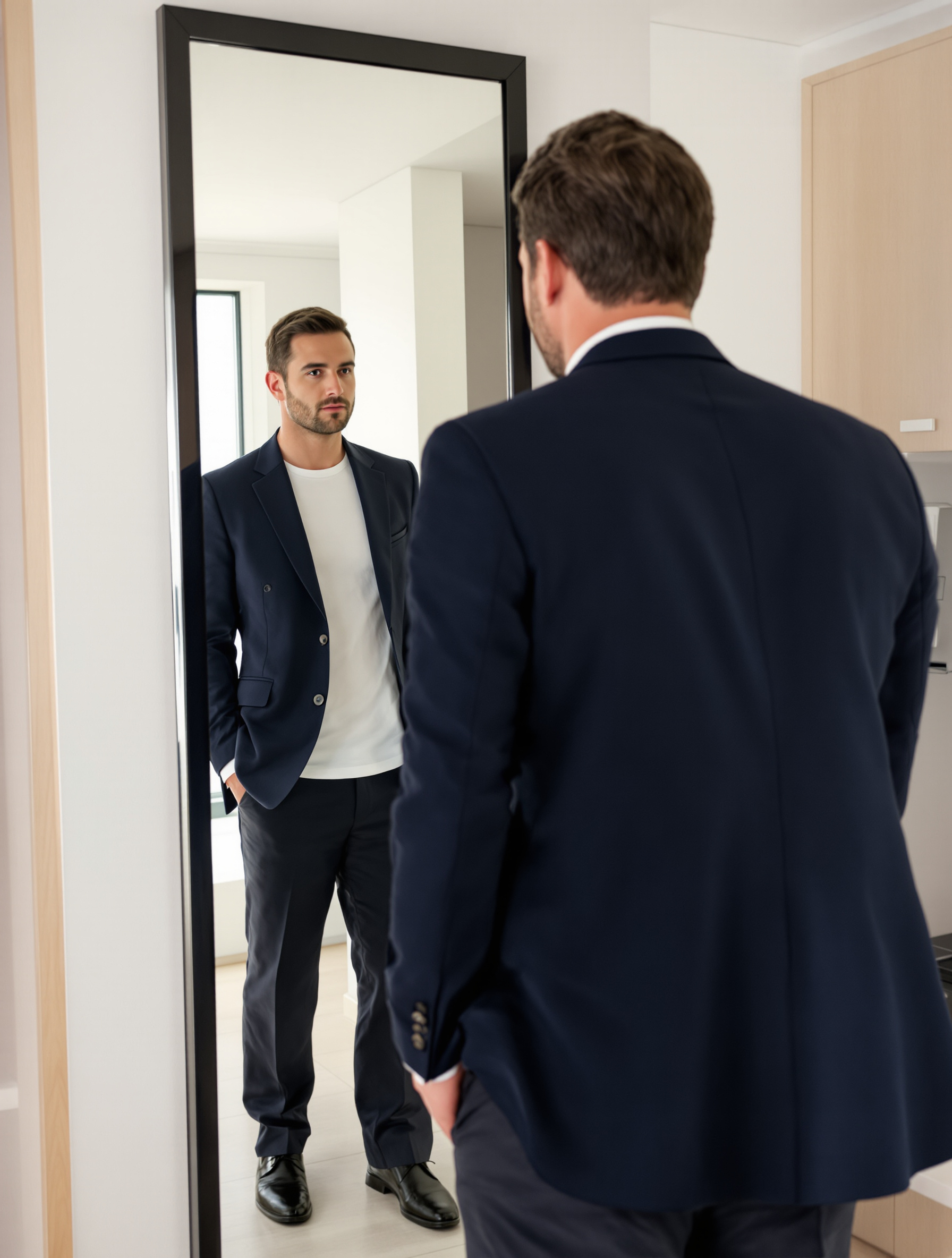 Man in profile checking his outfit in a hallway mirror