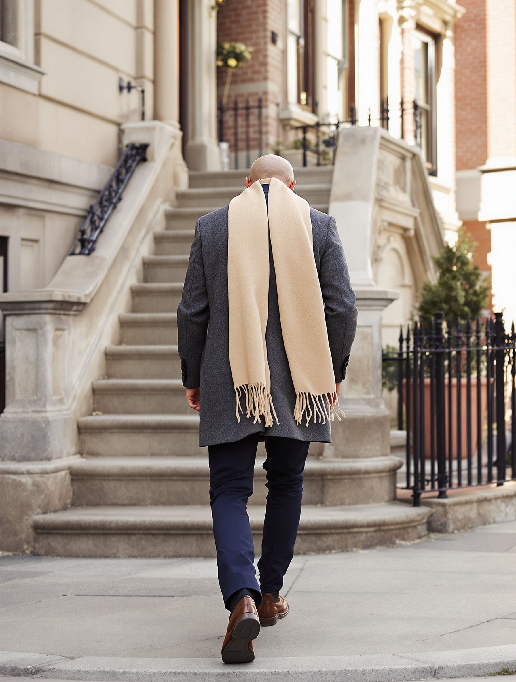 Man in charcoal topcoat walking down brownstone steps