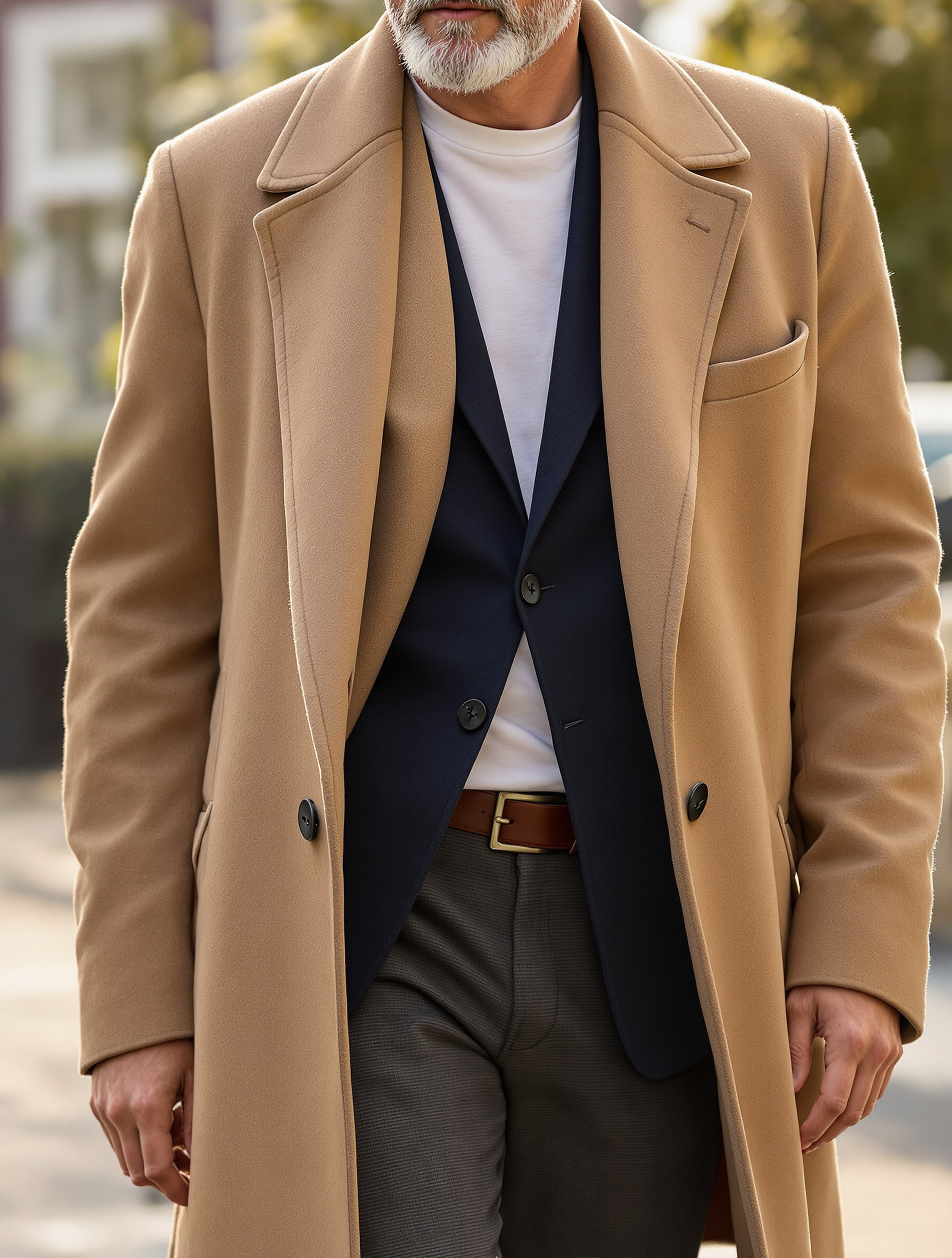 Smart-casual outfit — tailored blazer over a tee, dark trousers