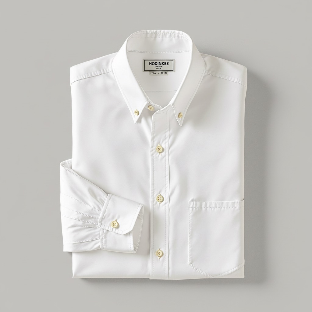 White oxford button-down shirt on neutral background